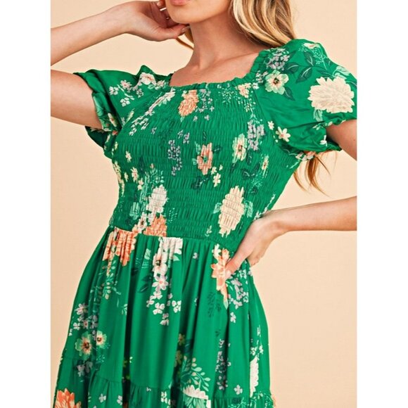 Green Floral Smocked Puff Sleeve Midi Dress For Women - Picture 5 of 12